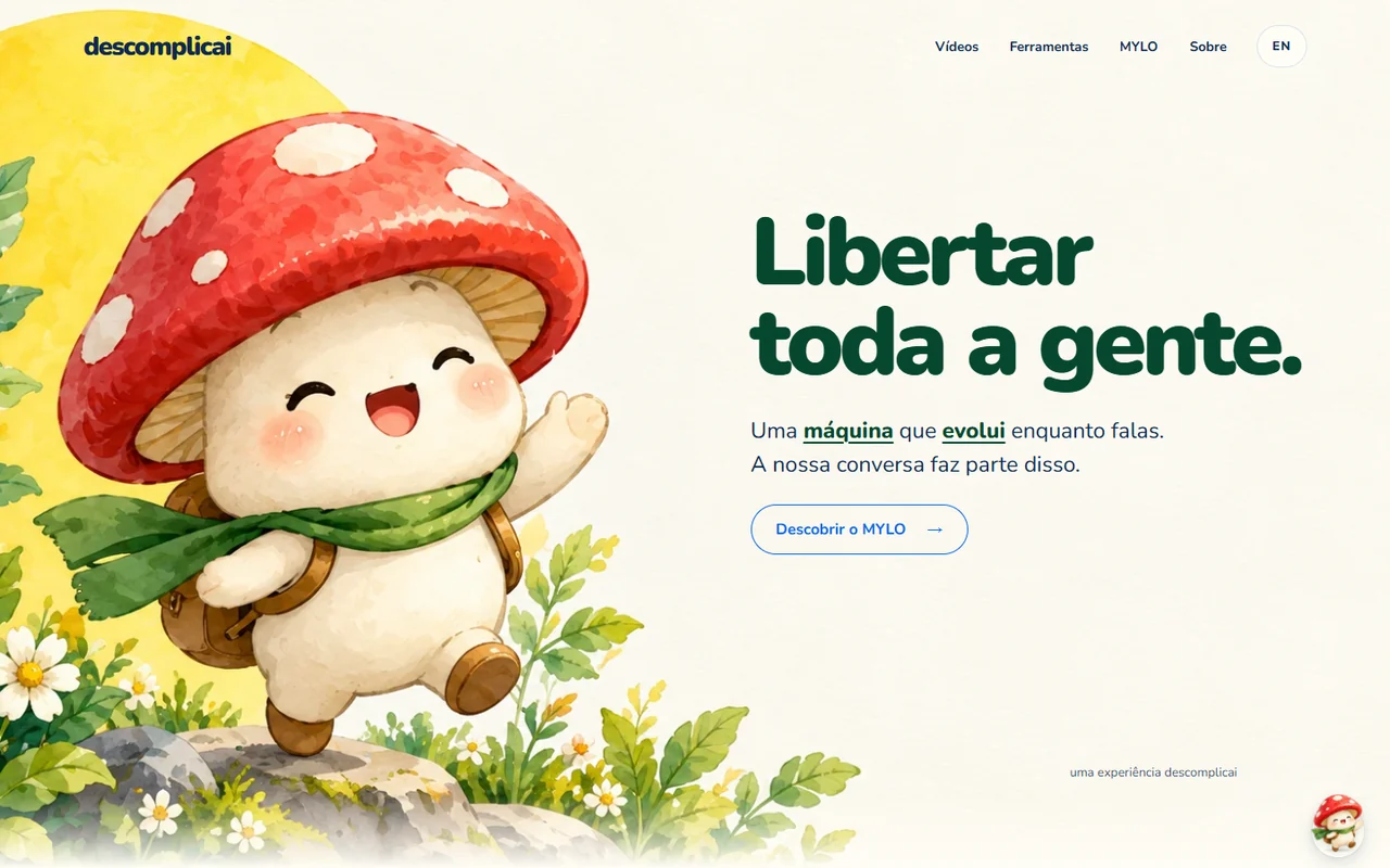 Captura de ecrã da página inicial da Dádiva: papel marfim, o MYLO em aguarela e o título Libertar toda a gente.