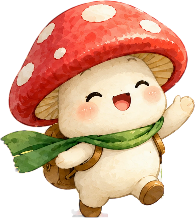MYLO, um cogumelo sorridente com um lenço verde, acena entre flores e plantas.
