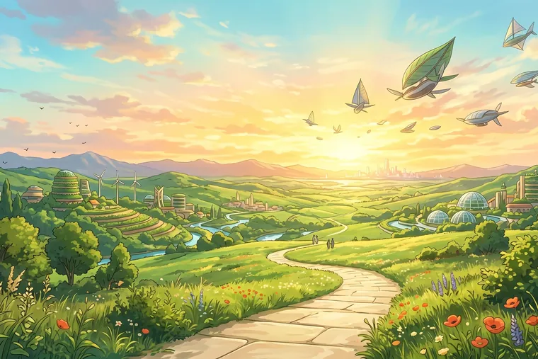 Um vale verde ao fim da tarde, com aeronaves leves a passar por cima de hortas e de um caminho de pedra.