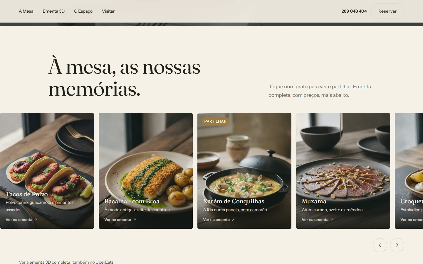 Captura do site do Bistrô Memórias no computador: o título «À mesa, as nossas memórias.» e fotografias dos pratos.