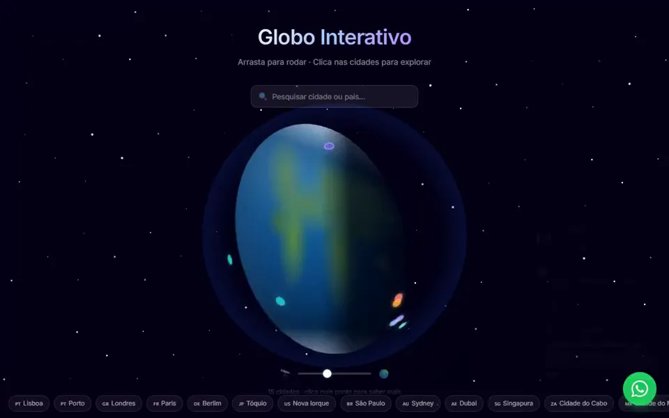 Captura do Globo Interativo: a Terra em 3D sobre um céu estrelado, com uma caixa de pesquisa de cidades.