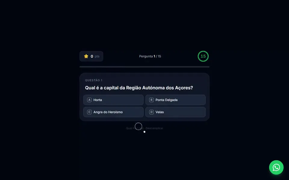 Captura do Quiz Portugal: uma pergunta sobre a capital da Região Autónoma dos Açores, com quatro respostas.