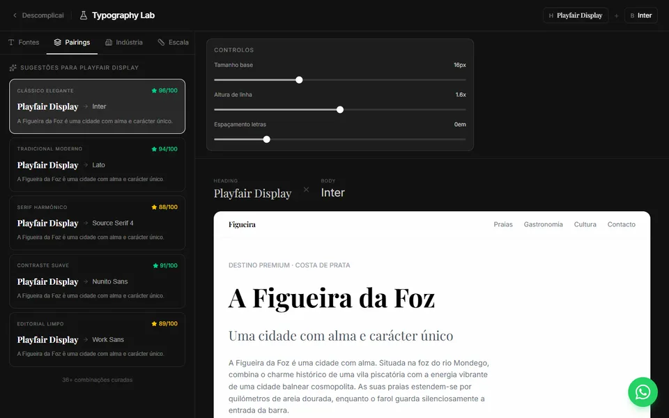 Captura do Typography Lab: controlos de tamanho e espaçamento à esquerda e uma página de exemplo com o título «A Figueira da Foz».