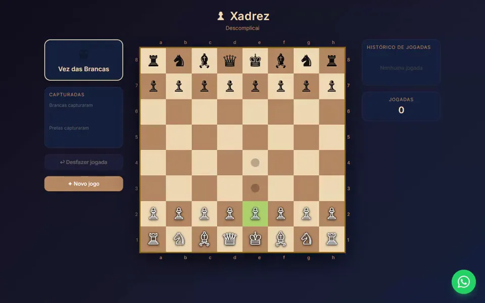 Captura do jogo de Xadrez: o tabuleiro com as peças e o painel das jogadas ao lado.